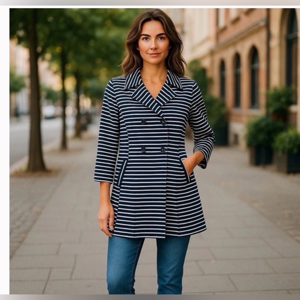 Navy and White Striped Jacket pea women’s small Cabi maritime